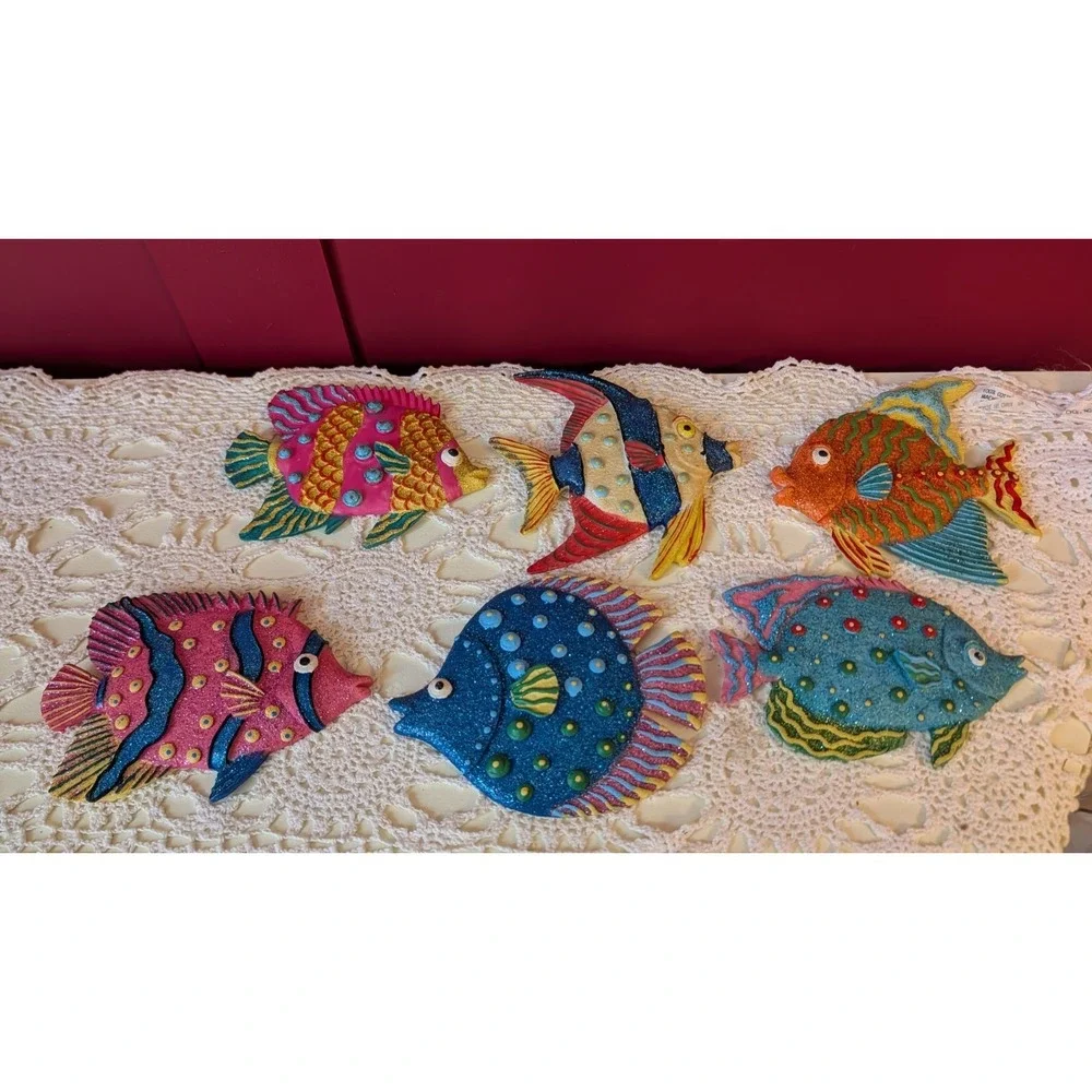 Colorful Tropical Glitter Fish Resin Wall Art Plaques‎ Hanging Decor Set Of 6